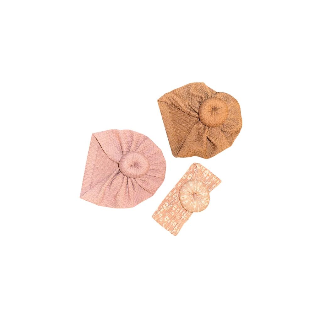3 Pack Baby Girl Turban Hat Set 2 Hats + Floral Headband Pink Brown Boho 0-6M
